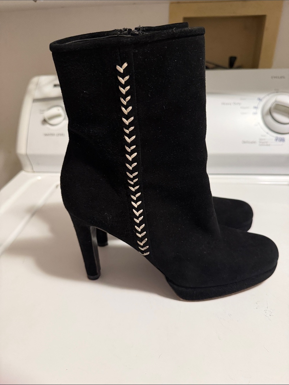 Stuart Weitzman Black Suede High Heel Ankle Boots with Contrast Stitch